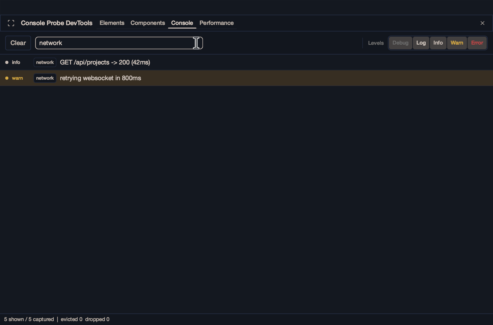 Zenit DevTools Console filtered to the network scope