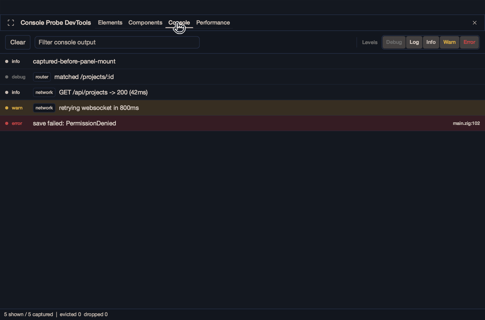 Zenit DevTools Console with debug, info, warn and error entries