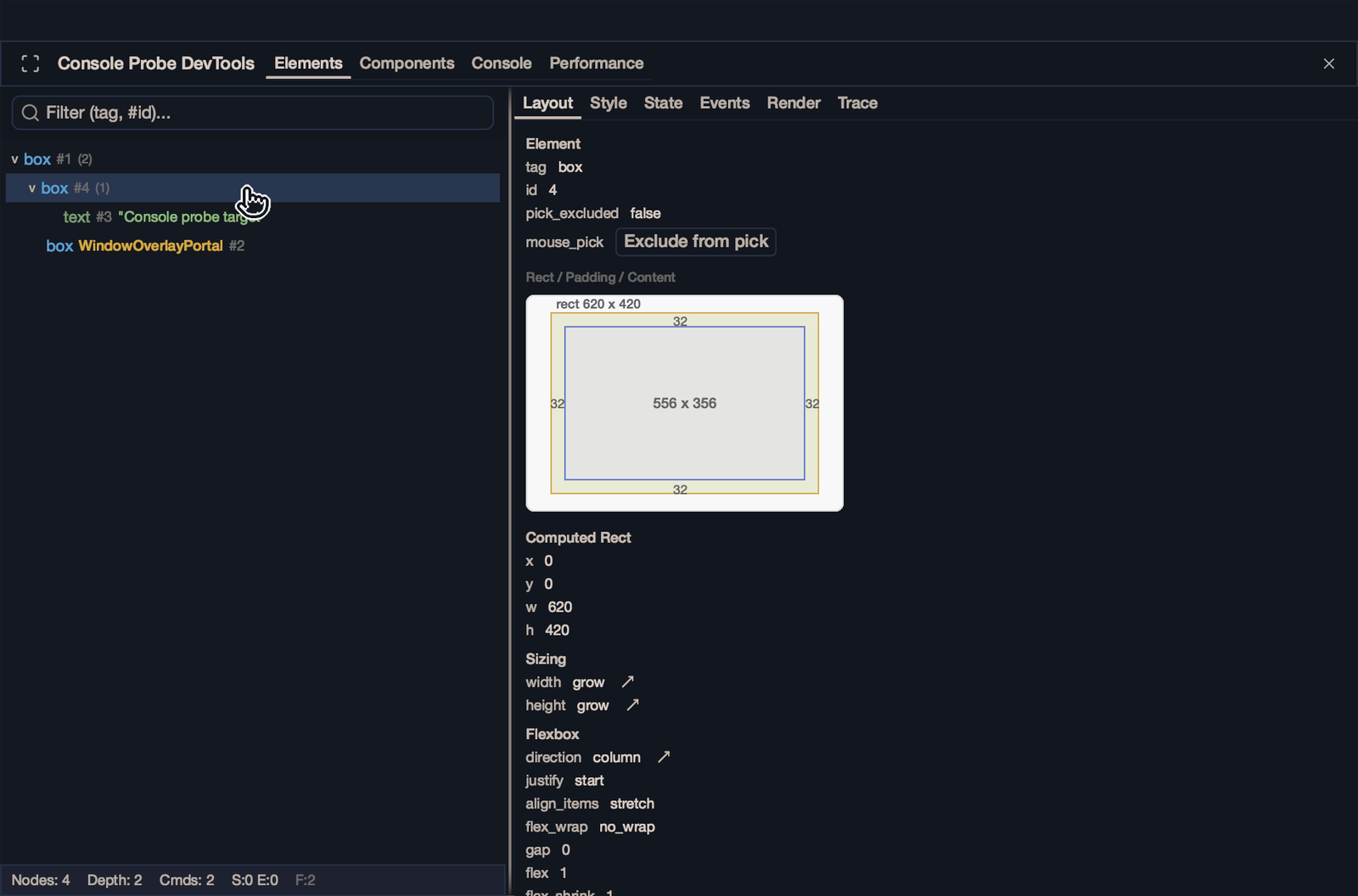 Zenit DevTools Elements panel with a box selected and its layout details